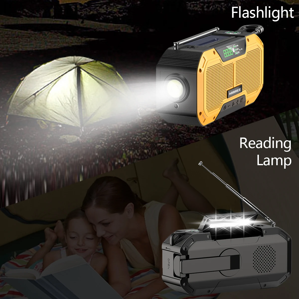 ABBREE Emergency Radio IPX5 Waterproof Auto Scan Solar Portable Radio with LED Flashlight Reading Lamp SOS Cell Phone Charger