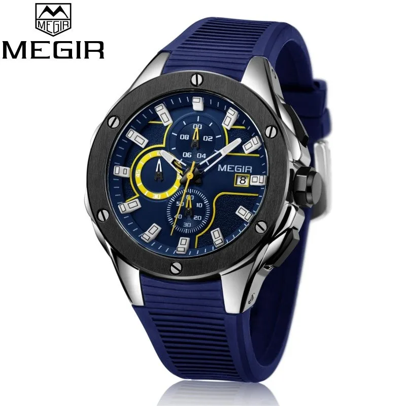 Custom Megir 2053 chronograph watch Stainless Steel Back WristWatch Quartz waterproof Sport Silicon Man luxury Watch