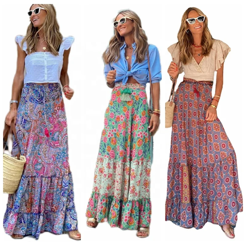 Channel Chic 2024 Summer High Waisted Flowy Floral Printed Long Bohemian Style Maxi Skirts For Women