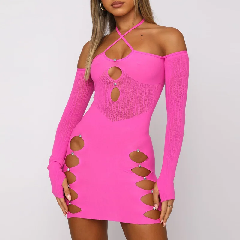 Trendy Midi Dress Halter Long Sleeve Slim See Through Hollow Out Bodycon Solid Color Evening Dresses Ladies