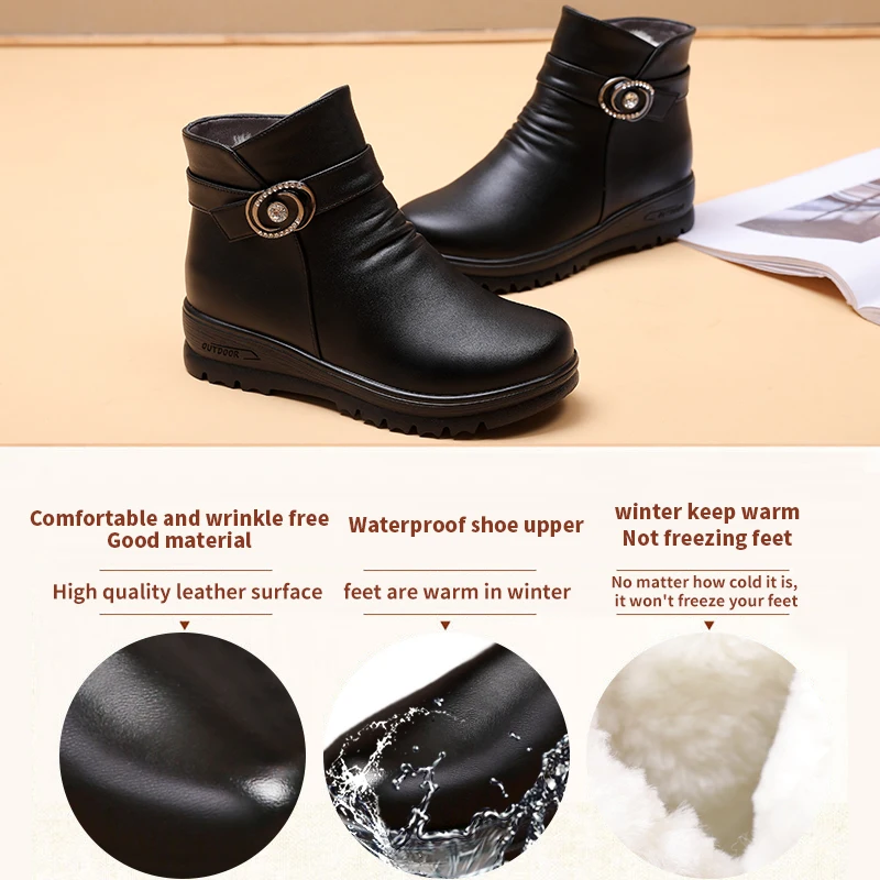 2024 China Wholesale Casual Shoes Women Winter Shoes Winter New Style Leather Boots Furry Flat Snow Boots Black Ankle Boots