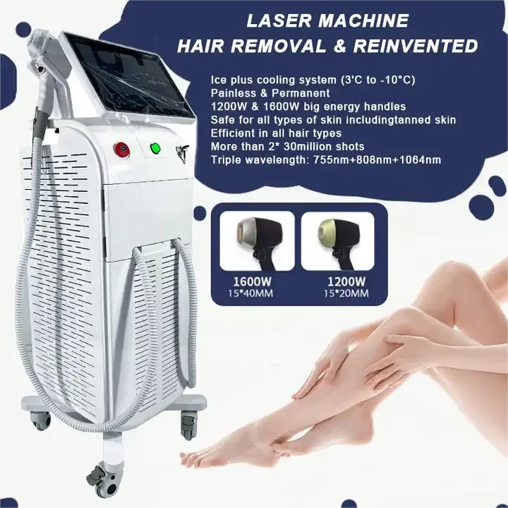 High Power 2400W Diode Laser Machine 755 808 1064NM 2 Handles 3 Wavelength 1600W Diode Laser Hair Removal Machine For Sale
