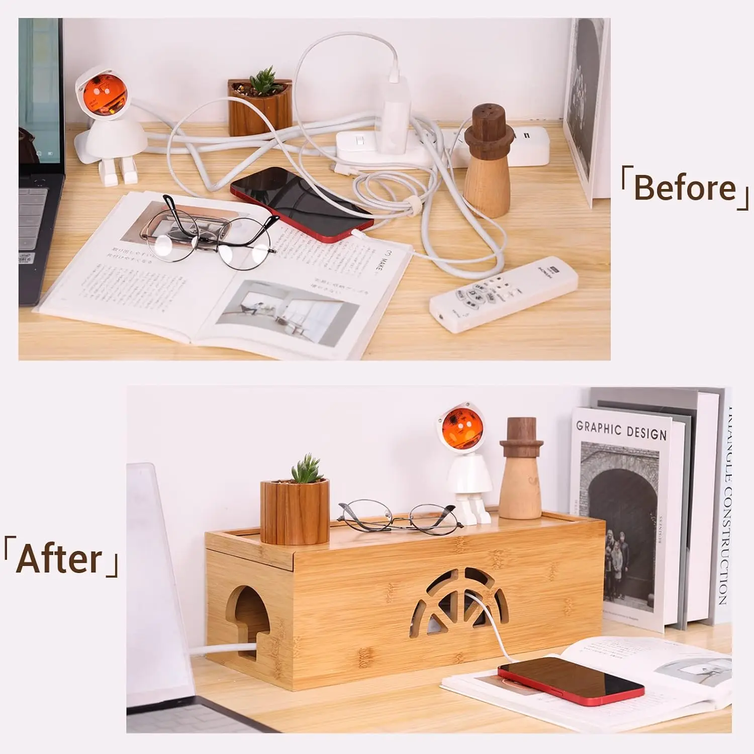 Extra Large Cable Management Box with Lid, Bamboo Cable Box for Cords, Power Strips or Surge Protectors