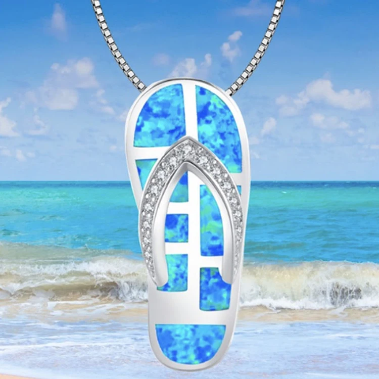 
Silver Cute Ocean Blue Opal stone Sandal Flip Flops Pendant Necklace wedding jewelry 