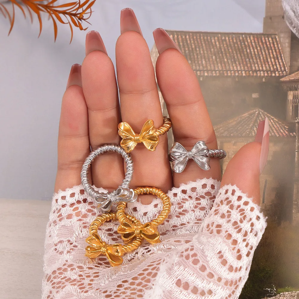 Fashion simple personality bow design sense geometric hemp wreath stainless steel gold plated ring