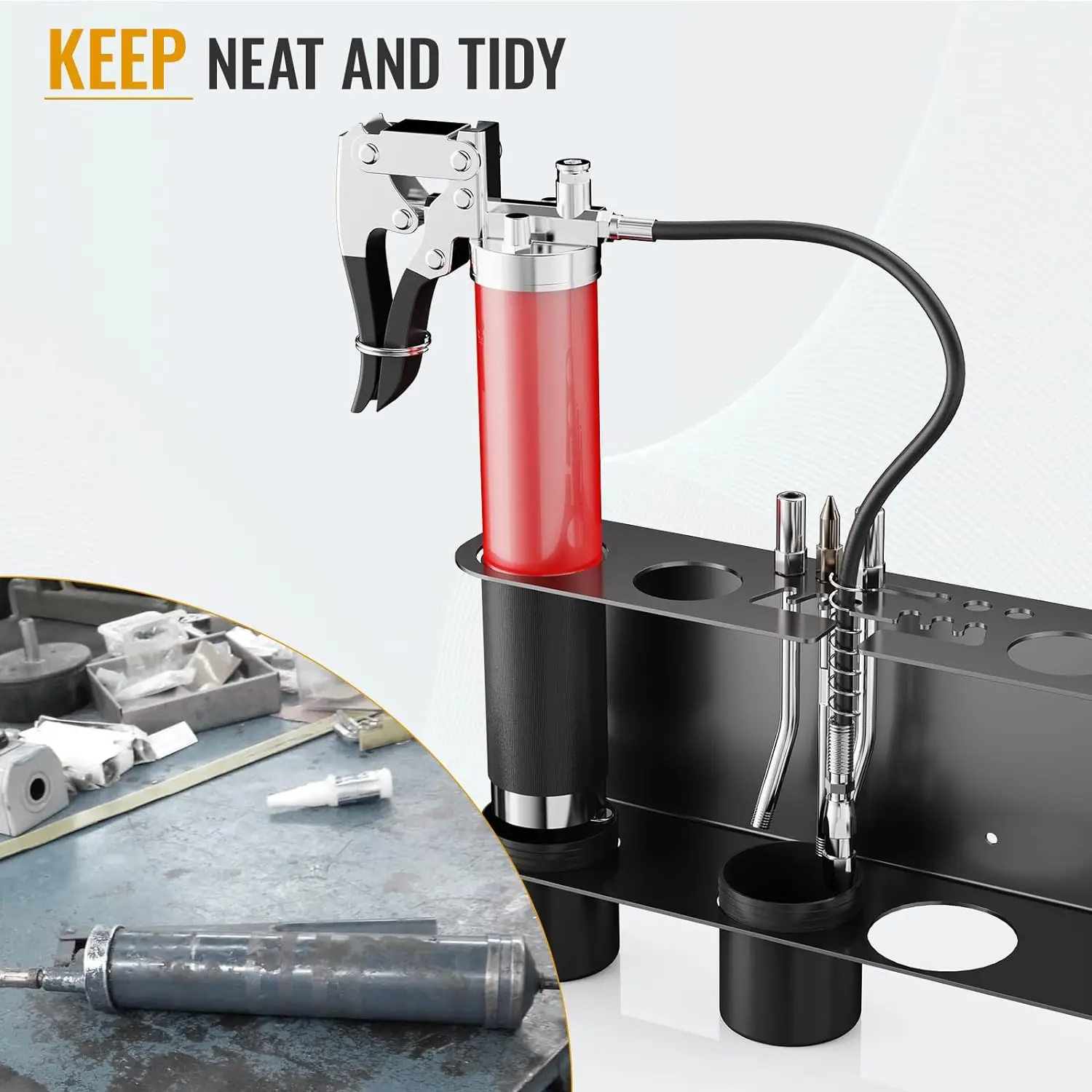 JH-Mech Holding 1 Grease Gun Wall Mount Steel Grease Gun Rack with 2 Detachable Oil Cups