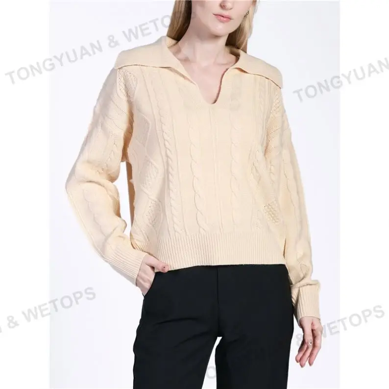 Ladies Sweaters Autumn and winter European and American casual lapel twist hemp pattern lantern sleeve knitted pullover sweater