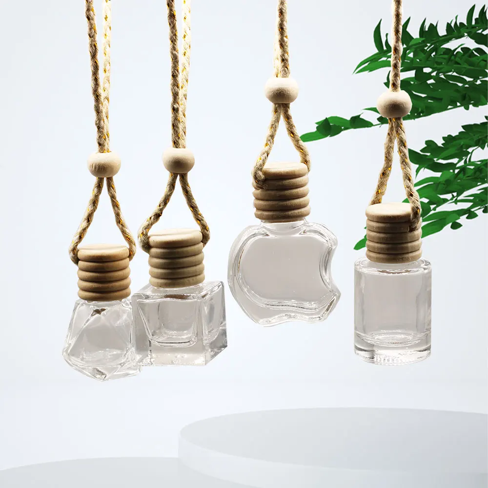 RTS Hanging Perfume Car Air Freshener Bottles 10ml Wooden Cap Round Square Empty Aroma Glass Car Perfume Diffuser Bottle