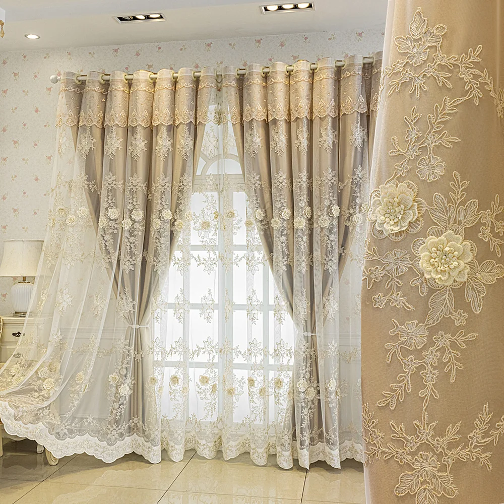 Flower Embroidery Luxury Curtains for the Living Room, Blackout Window Sheer Curtain Fabrics for Home Bedroom