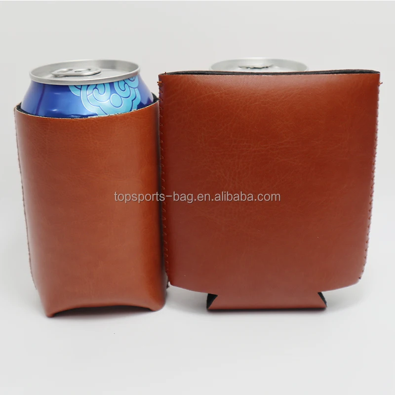 Brown Plain Faux Leather Can Cooler Neoprene PU Leather Can Hugger/Holder for DIY Logo