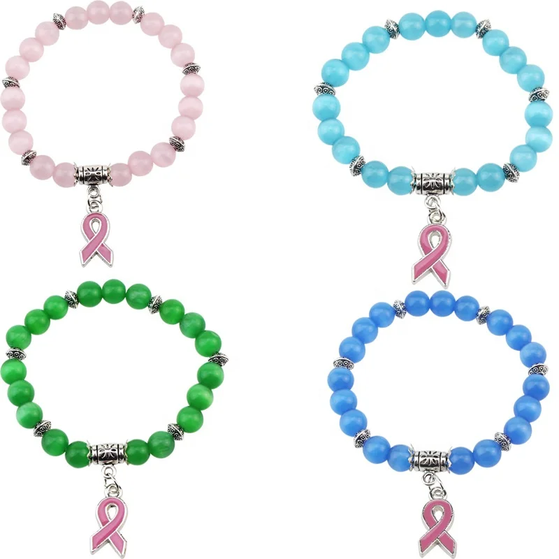 Breast Cancer Awareness Pink Ribbon Charms Bracelet Crystal Bead Pendant Adjustable Bangle Bracelet