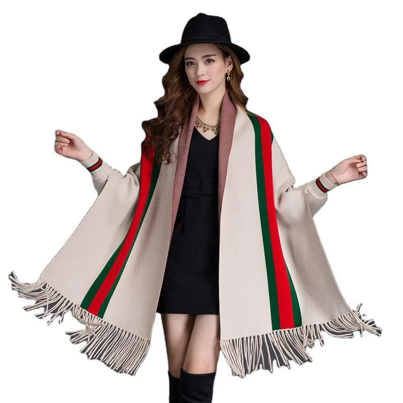 W0017 Autumn winter new fringed striped sleeved cape doubles sides thick coat batwing sleeves knitted cardigan Arabic shawl