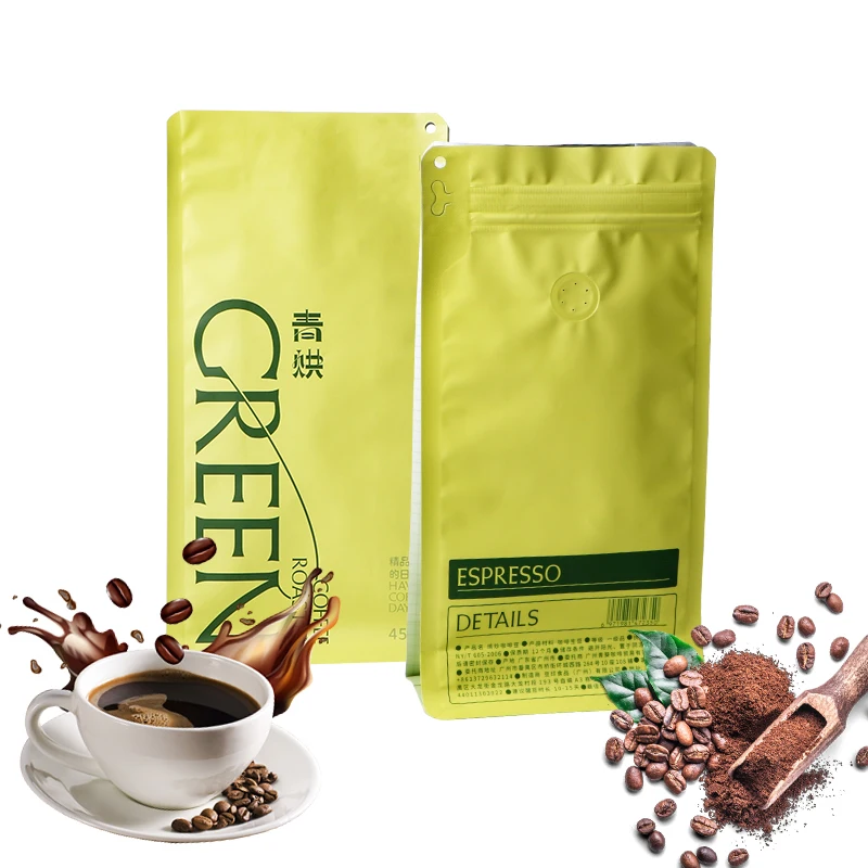 Custom printed stand up flat bottom coffee bean pouch 12oz eight side sealed coffee bag packaging with logo valve zipper