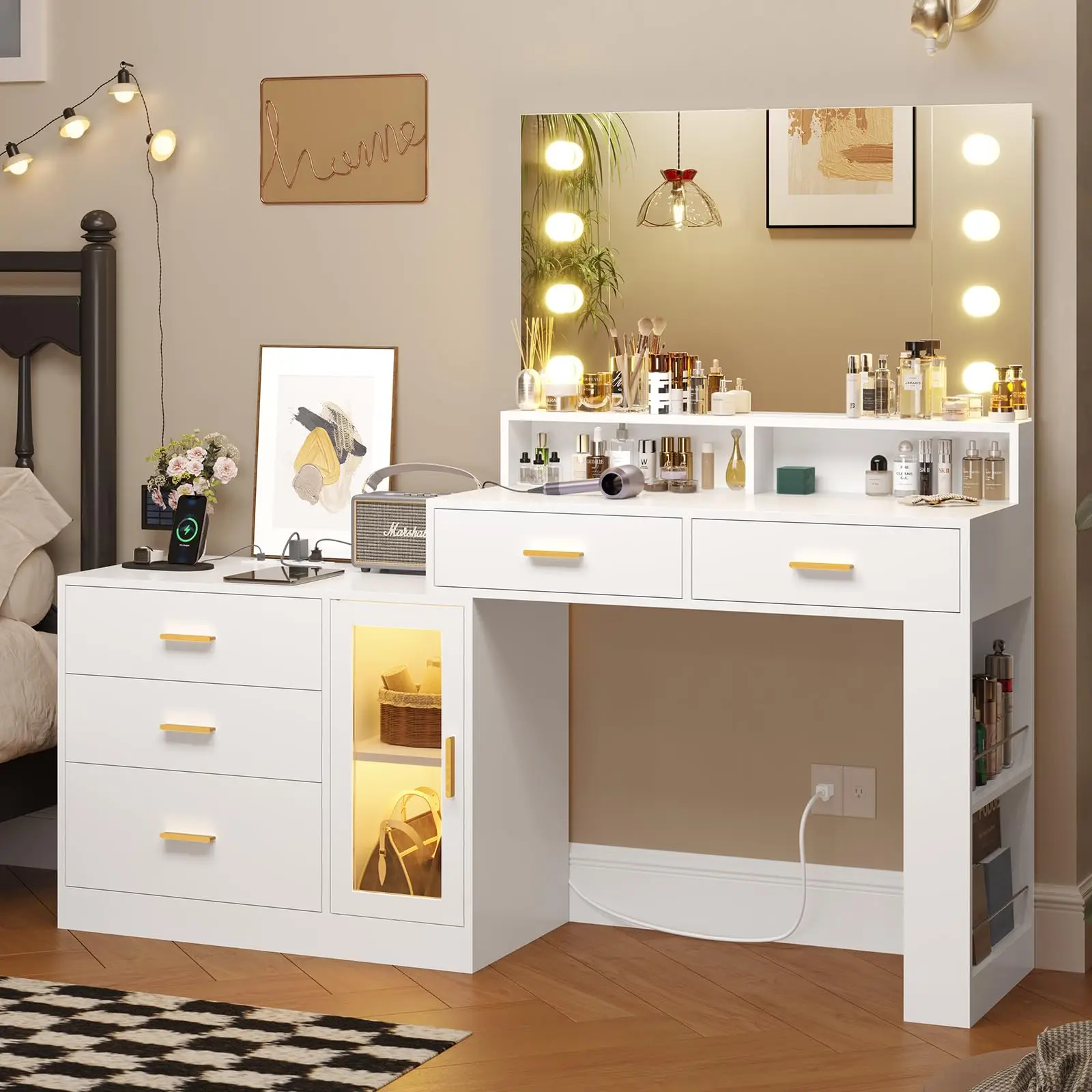 Large Multi Storage Drawers and Side Shelves Make up Dressing Vanity Desk Table set with Full Length Mirror and RGB Cabinets