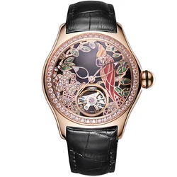 Luxury cow leather strap diamond skeleton waterproof lady mechanical  automatic watch