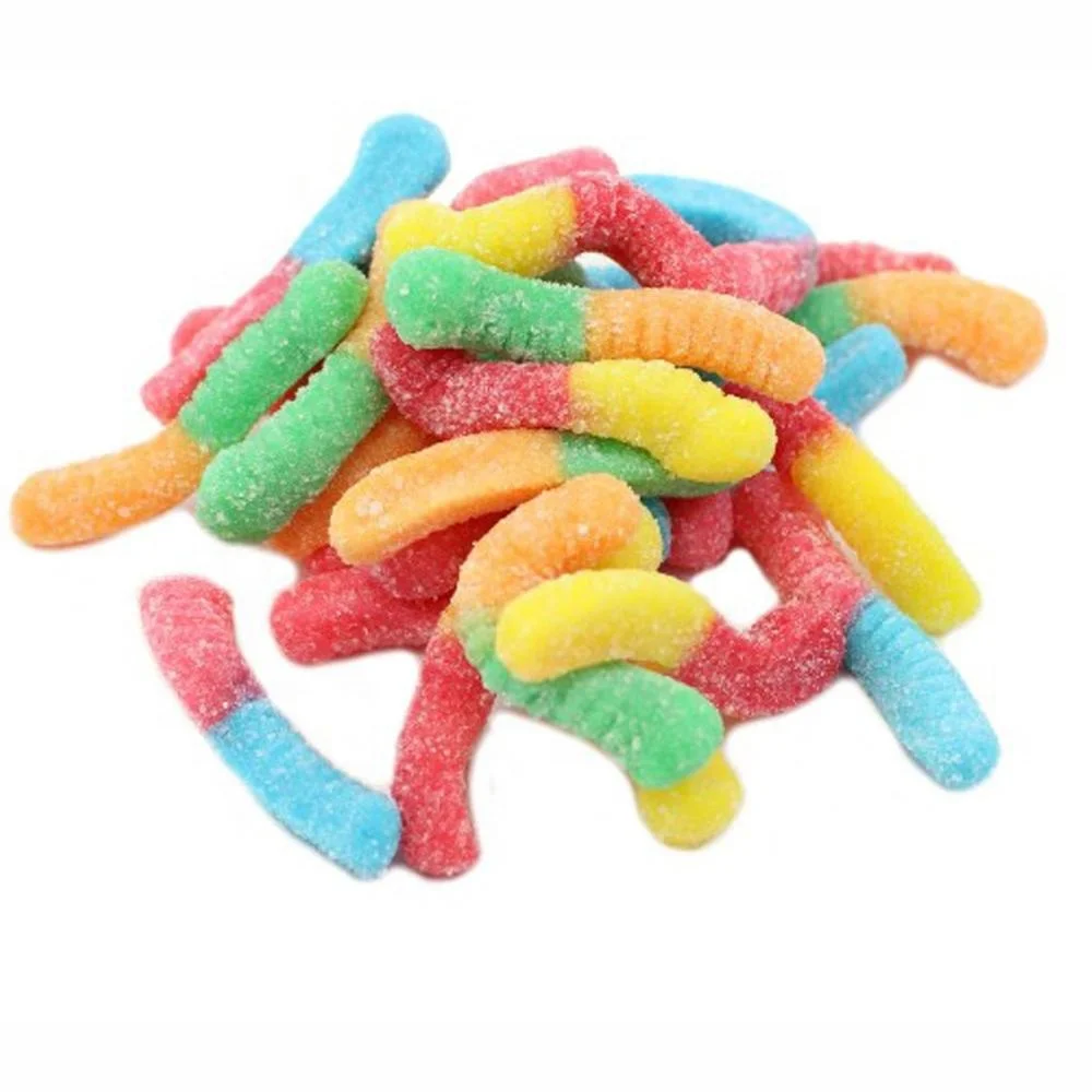 Wholesale bulk halal Gummy worm shaped Soft Candy Chewy in Custom Bottle