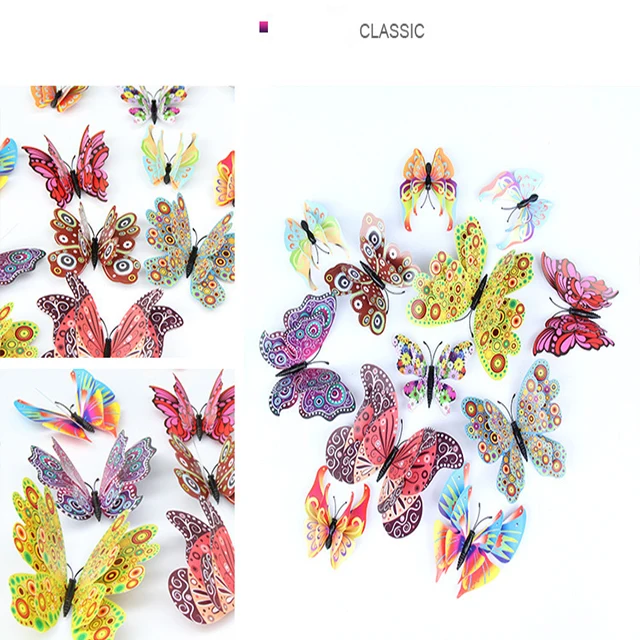 12 PCS/Set  3 D Butterfly Wall Decals Stickers Decoration for Wedding Paper Butterflies Cup Card Festival Party Art Decorations