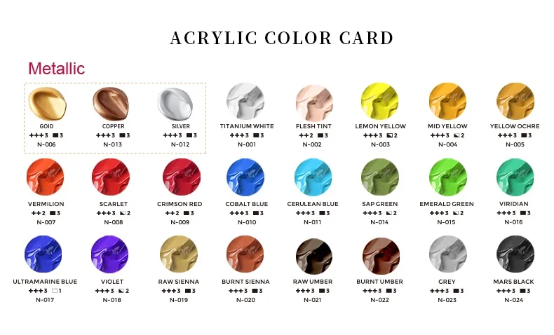 Safe High Color Rendering Professional Acrylics Painting Golden Metallic 24 Colors Acrylic Paints Set 60ml
