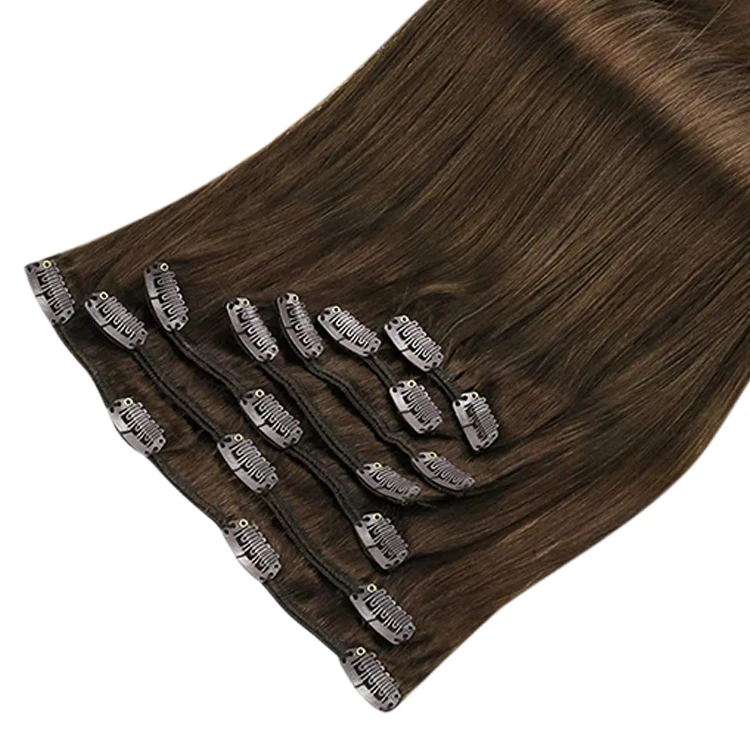 Full Shine Factory Direct Sales #4 Dark Brown Real Human Hair Extension Clip on Brazilian Remy Hair