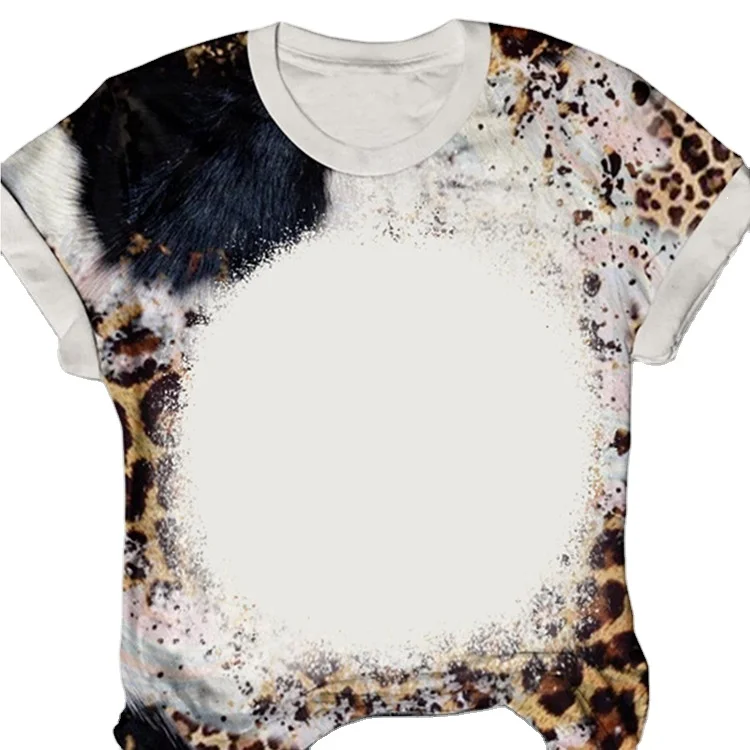 Hot Sale Custom Sublimation Faux Bleach T-Shirts  Leopard Printed Middle Body Blank Short Sleeve Unisex Tee Shirt For Women
