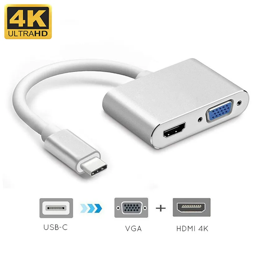 4 2 в 1 USB C 3 HDMI VGA адаптер TYPE-C к 4K UHD конвертер для Macbook Samaung Huawei Google