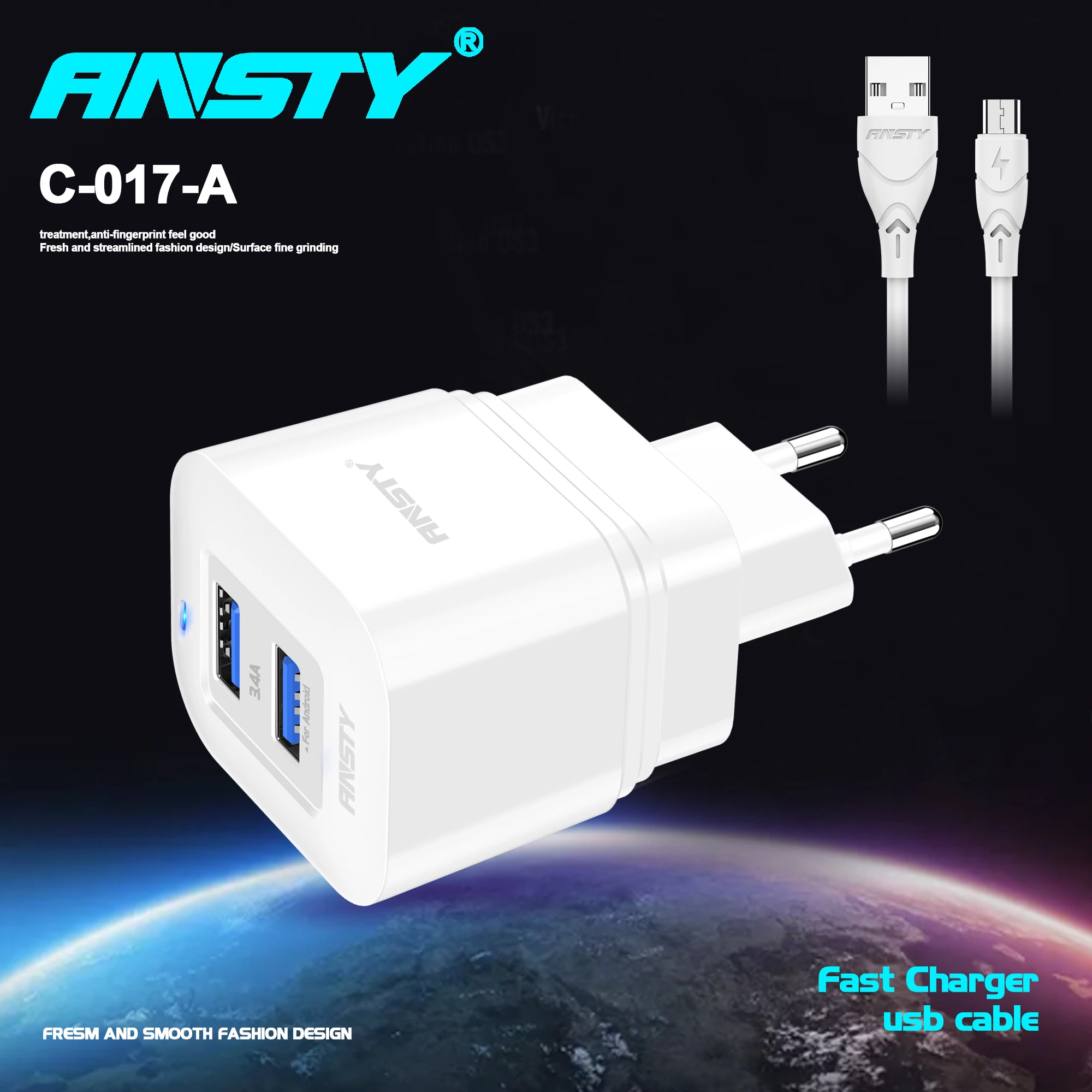 ANTI C-017 ЕС светодиодное зарядное устройство с 2USB 3.4A стабильная зарядка прочный ПВХ кабель корпус совместим для iPhone и Android планшетов