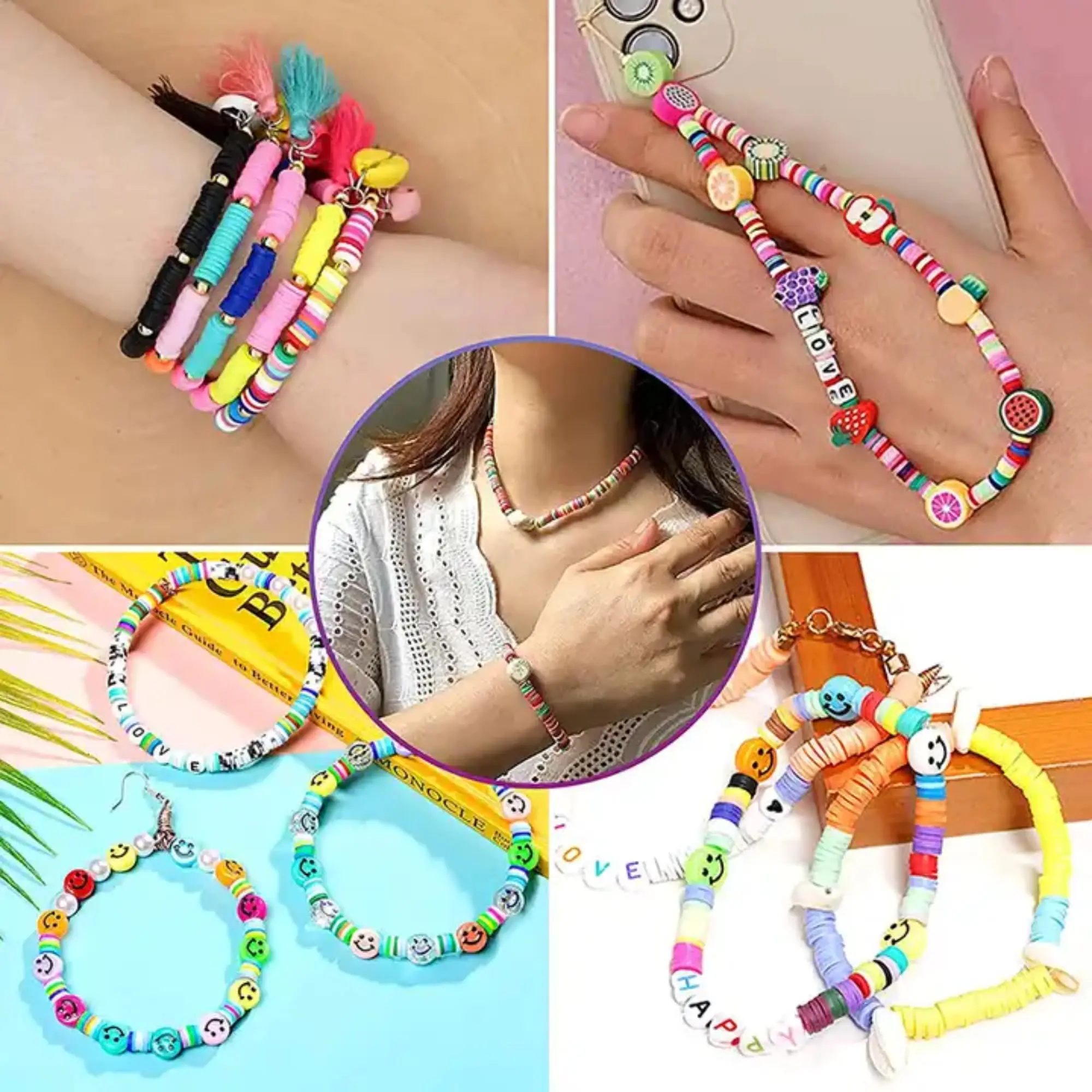 6380 Pcs Clay Beads Bracelet Making Kit Flat Round Polymer Clay Beads for Jewellery Making Kit 6mm Space Pendant Charms Kit