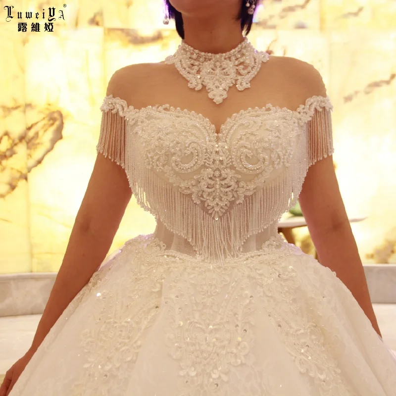 Bridal Gowns Wholesale Crystal Beads Sequins Luxury White Wedding Dress Pearl Lace Robe De Mariage Wedding Dresses Turkey