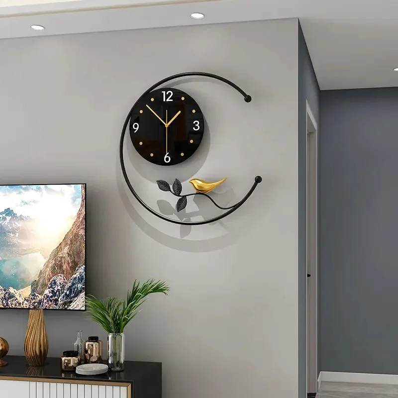 45*46cm Nordic Minimalist Round Shape Metal Wall Clock With Bird Home Decor Wall Hanging Clocks For Sale