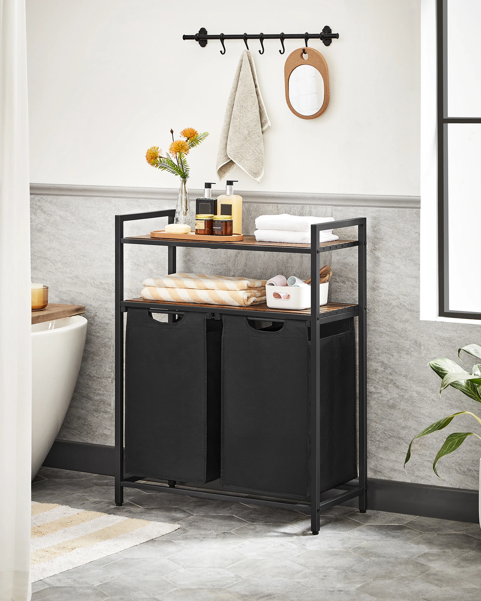 Hotel Heavy Duty Wooden Non Woven Fabric 2 Tier Double Laundry Hamper Corner Laundry Basket with Removable Laundry Bag