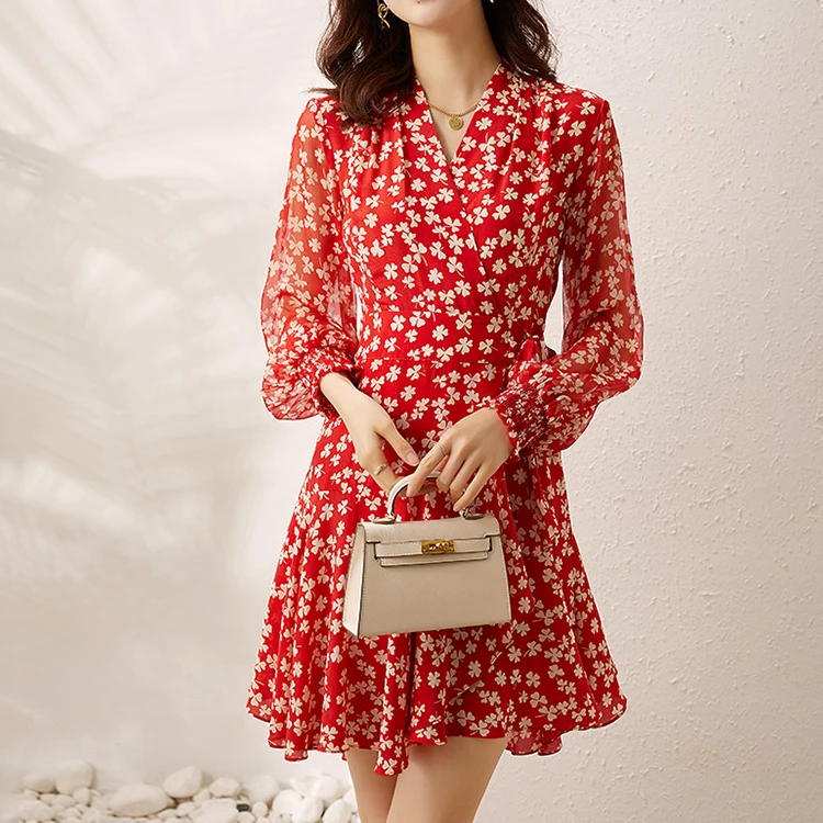 Printed Chiffon Dress Fashion Sexy Chiffon Dresses Summer Long Sleeve Casual Dresses For Women