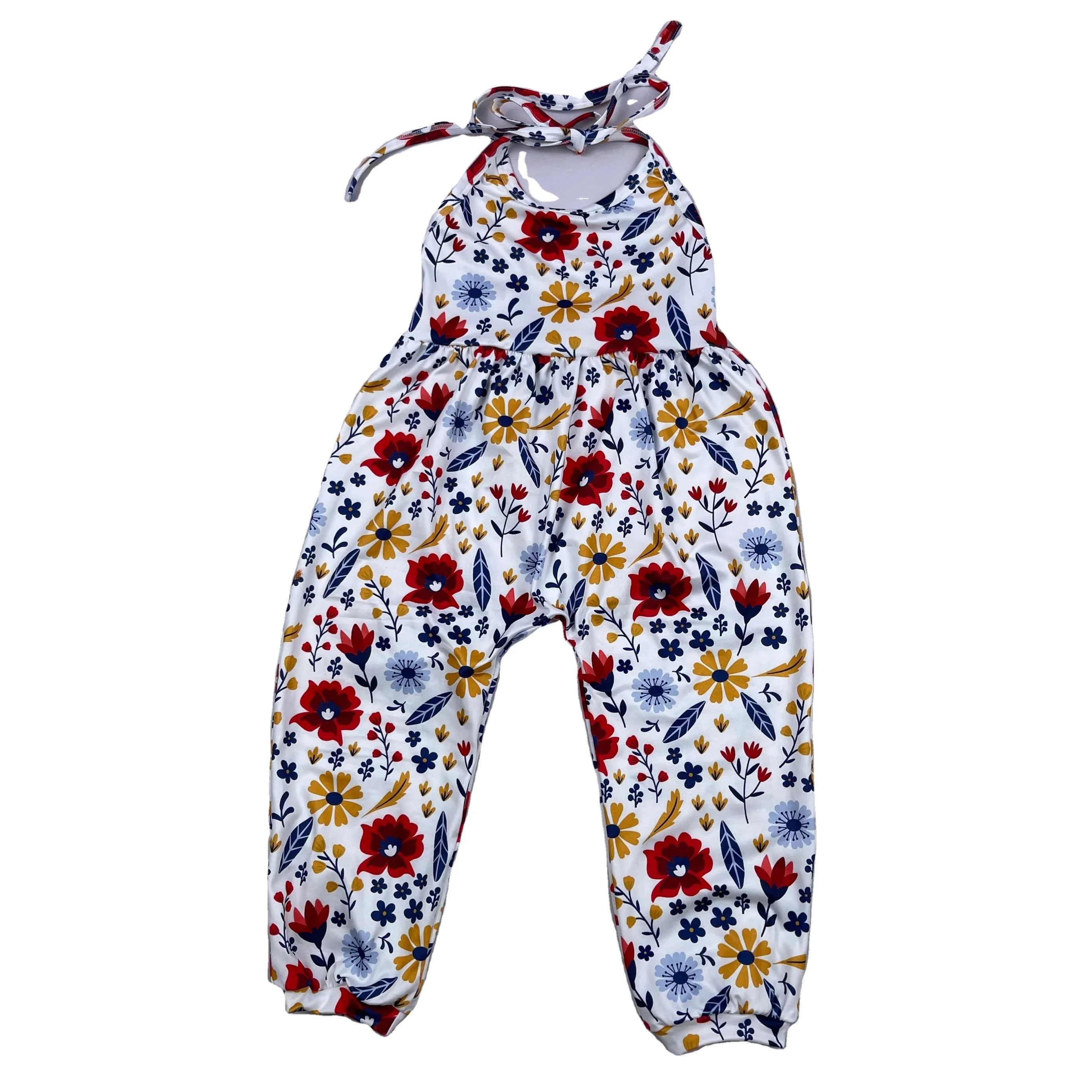 
Kids summer girls sleeveless tie back lace up fruit floral jumpsuit romper 