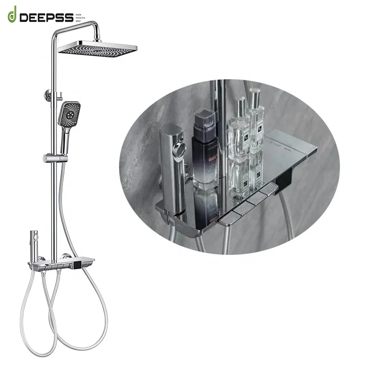 DEEPSS chrome bathroom brushed brass piano key control valve waterfall digital thermostatic shower set wall mounted gold color