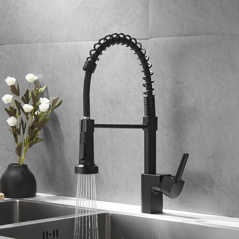  European Water Tap Spring Loaded Commercial Pull Out Black Brass Kitchen Sink Faucet With Down