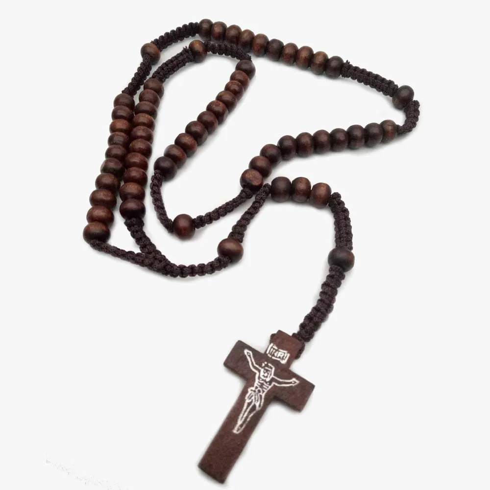 2023 XIMAI Wholesales Religious Catholic Wood Beads Handmade Jesus Cross Pendant Charm Rosary Necklace