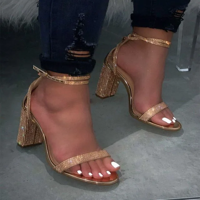 Hot Sale Shining Diamond Strap 1 Line Summer New Candy Colors Simple Women Sandals Soft Upper Buckle Outdoor High Heel Slippers