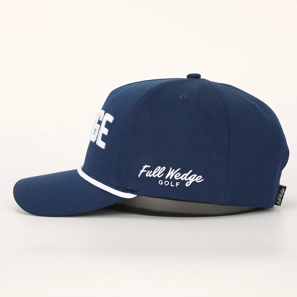Wholesale Custom 3D Embroidery  5 Panel Navy Blue Polyester Performance Sport Dad Hat Spandex  Gorras Rope Baseball Cap