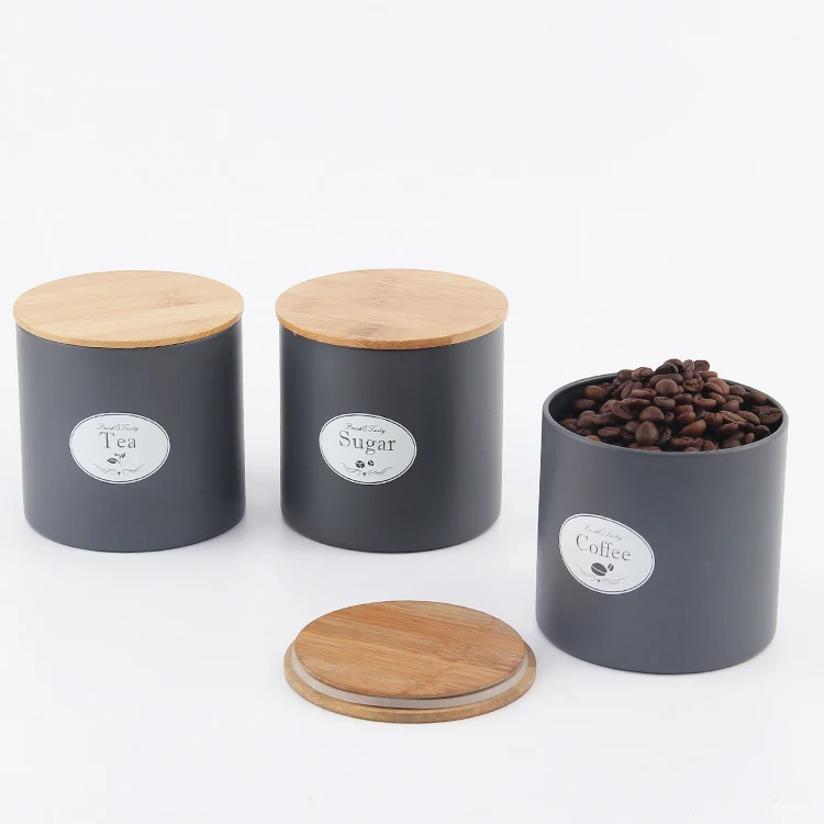 Deluxe black matt coating metal canister with airtight wood bamboo lid