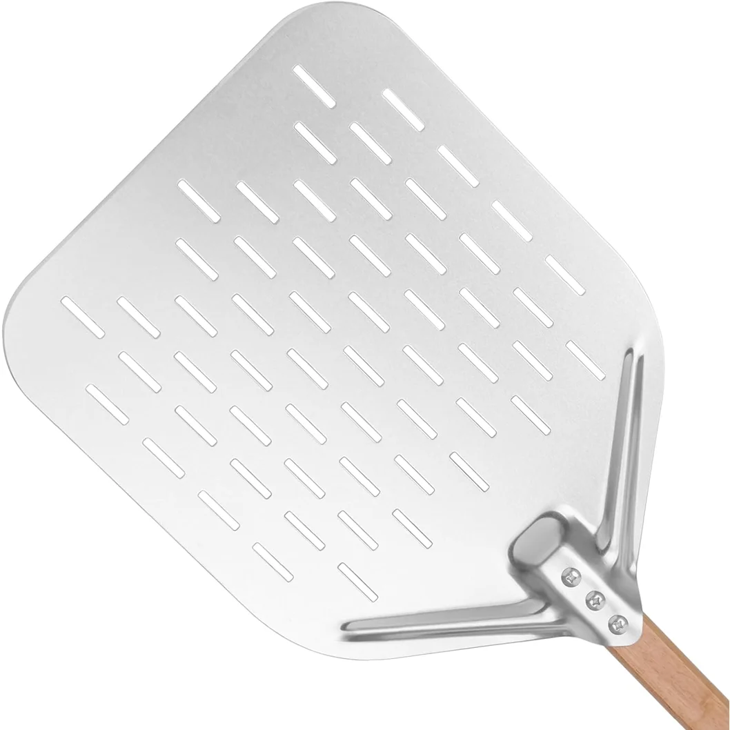 Premium 12 inch Lightweight Perforated Metal Anodized Aluminum Pizza Peel Shovel with Wood Handle Perfect for Homemade Pizza