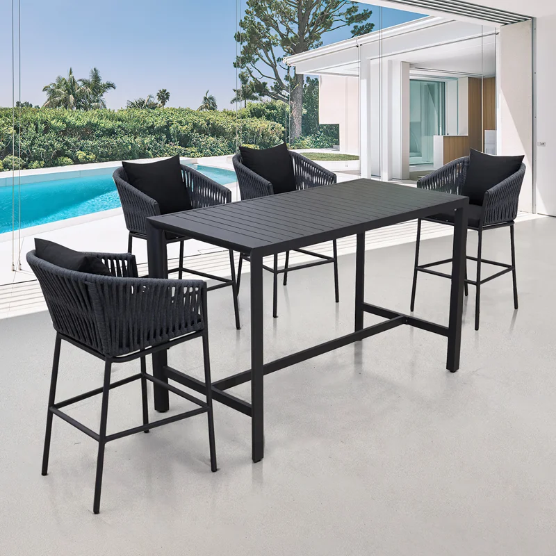 Luxury Black Patio Bistro Counter Height Dining Stools Set Furniture Outdoor Garden High Bar Rope Aluminum Table Chairs