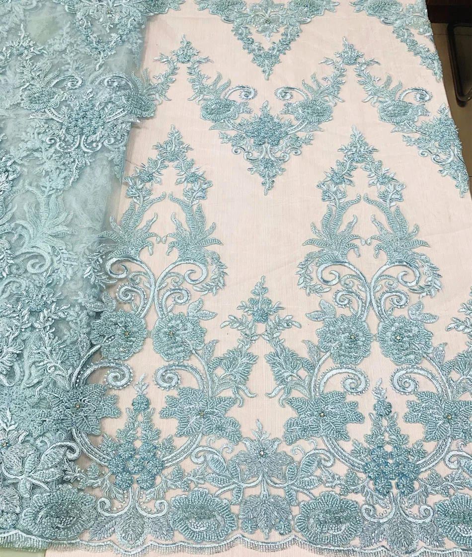 Тяжелая синяя кружевная ткань с бисером, ручная вышивка, модная кружевная ткань с бисером и блестками для роскошных платьев