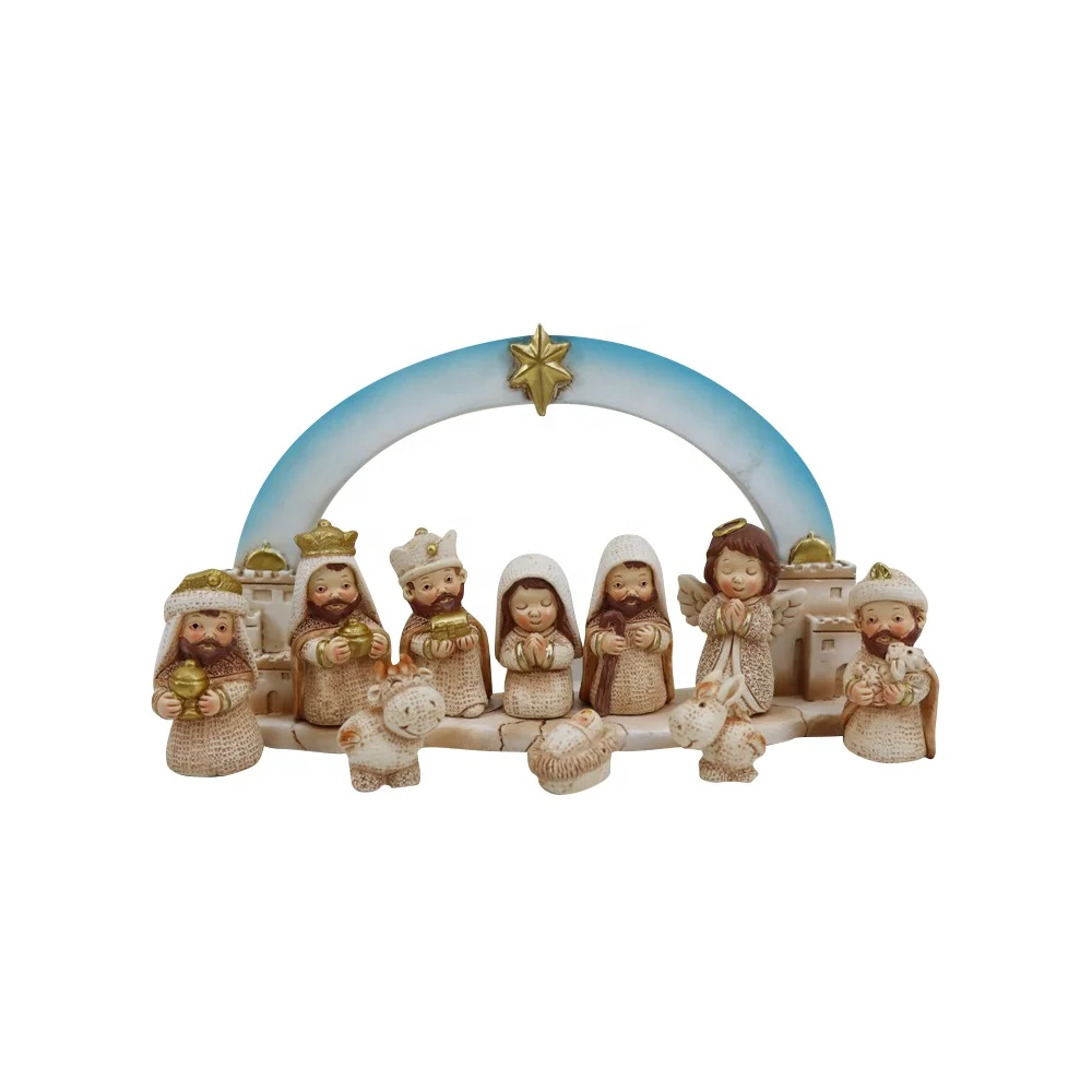 Holy Family Painted Resin Miniature Nativity in Stable Figurine Christmas Nativity Figurine Set with Lambs and cow Figurines