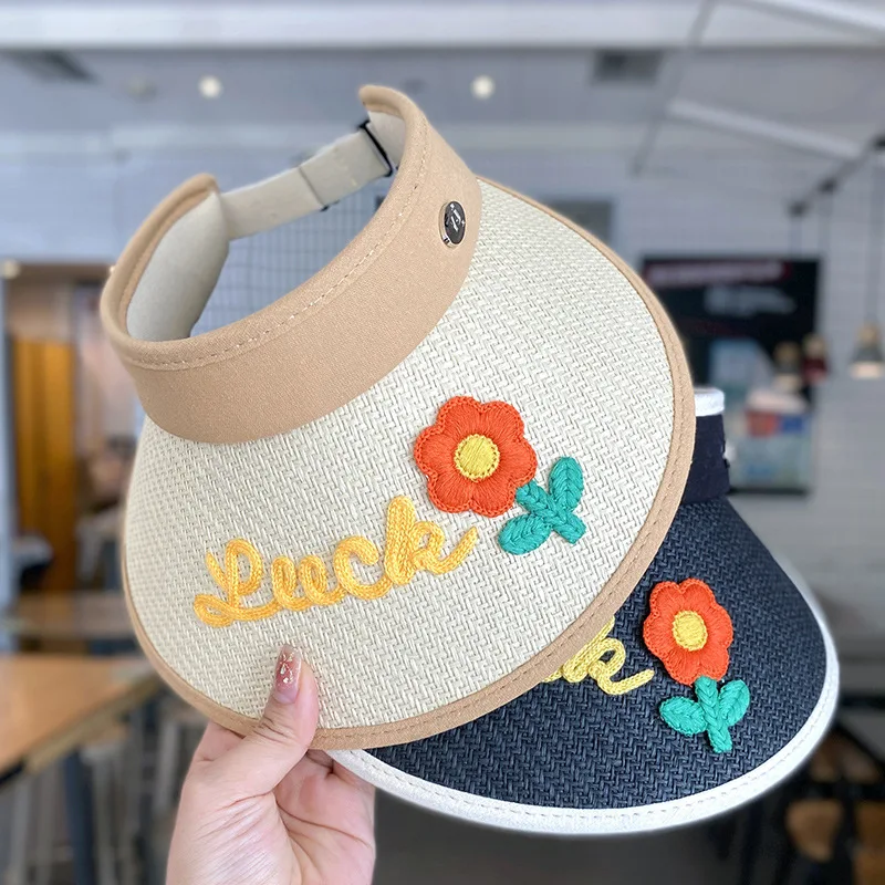 Children empty top cotton printed cute cap wide brim kids UV protection outdoor Sunvisor