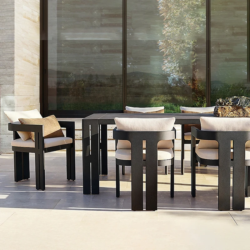Factory Custom Hotel Patio Modern black Metal dining set Aluminum Villa   Outdoor Furniture Dining table and dining chairs
