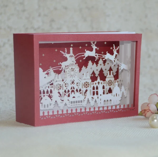 Personalised Laser Cut 3D Pop-up Greeting Card The Building And Reindeer Design for Winter Merry Christmas