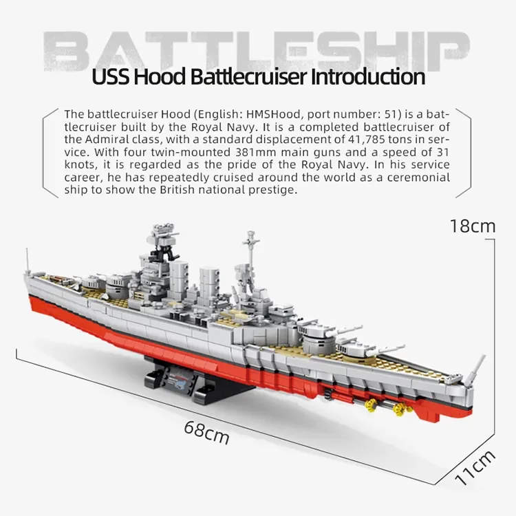 New Arrival Panlos Sumptuous Warship Model Toys Series Bricks Set USS Hood Battleship  Assembled Building Block Toys 637001