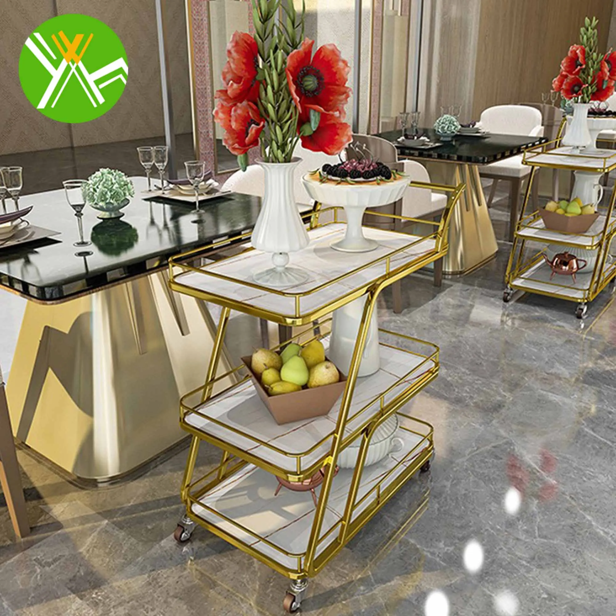 Yuhai Modern Portable 3 Tier Storage Metal Hotel Trolley Bar Cart Trolley Gold Wiggle Cart