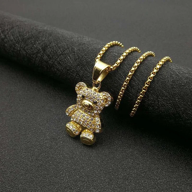 Rhinestone Cute Bear Pendant Necklace Titanium Stainless Steel Necklace Jewelry