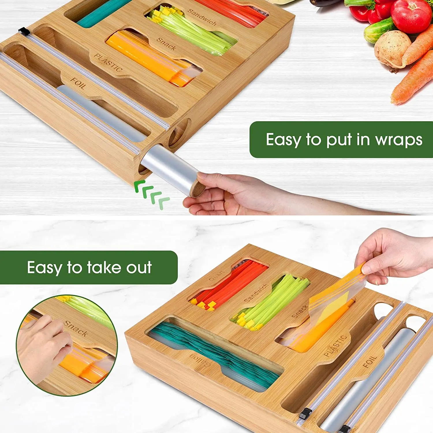 Customizable Kitchen 6 In1  Wooden Drawer With Plastic Foil Wrap Dispenser Holder Bamboo Ziplock Bag Organizer