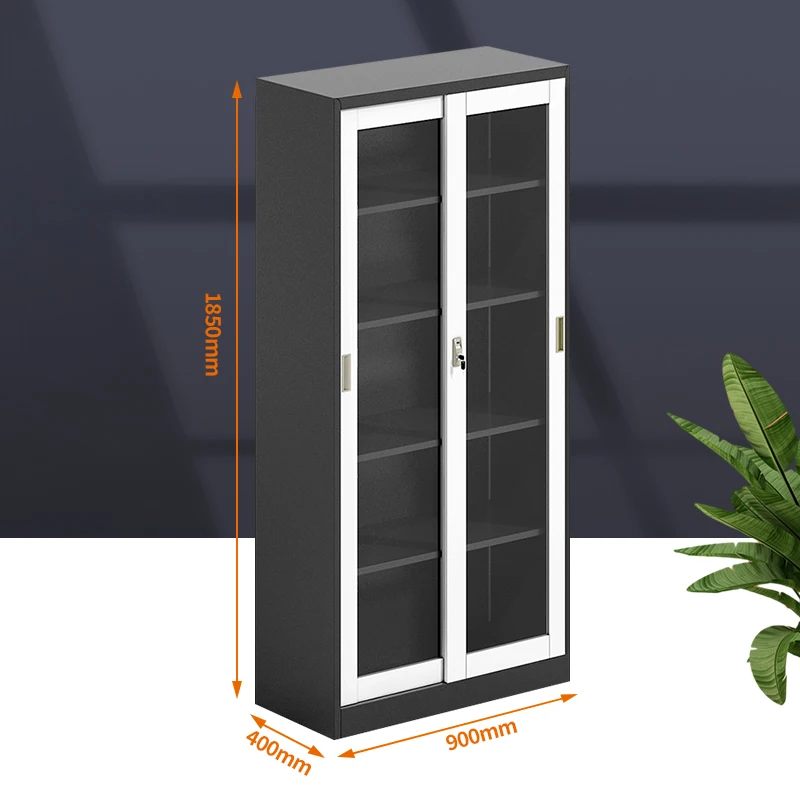 LONGLI OFFICE FURNITURE Full glass sliding door metal office filing cabinet bookcase steel cabinet with adjustable inner shelves